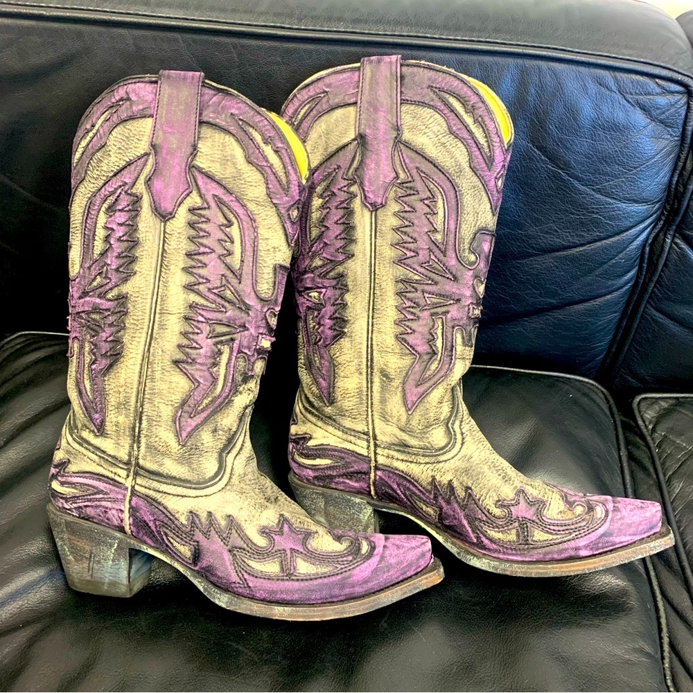 Corral Purple & Distressed Grey Leather Cowboy Boots, size 7.5